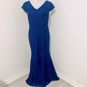 Vintage Women’s XL Elegant V Neck Mermaid Royal Blue Long Lace Prom, Gown Dress
